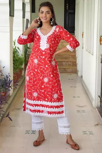 Red printed aline kurta with pant set