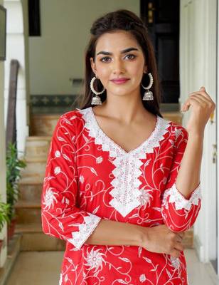Red printed aline kurta with pant set 4