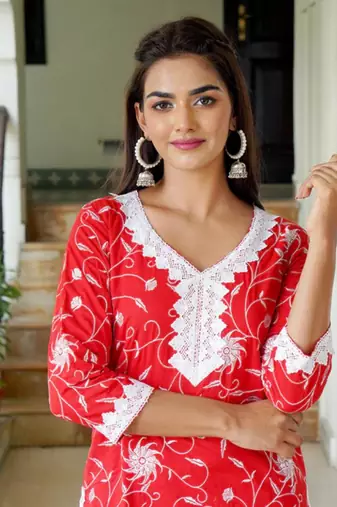 Red printed aline kurta with pant set