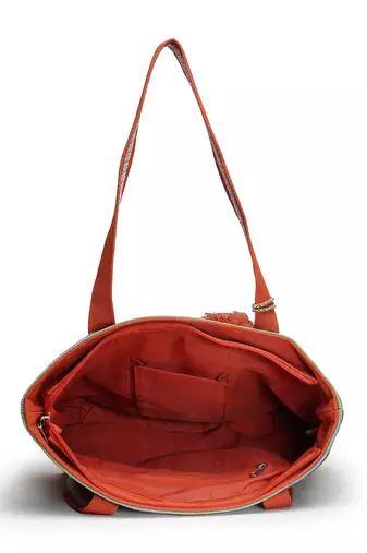 eco- friendly rust & multi striped jacquard cotton canvas tote bag
