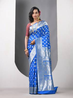 Sky blue katan silk blend banarasi saree with zari woven ethnic designs 1