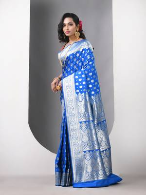 Sky blue katan silk blend banarasi saree with zari woven ethnic designs 2