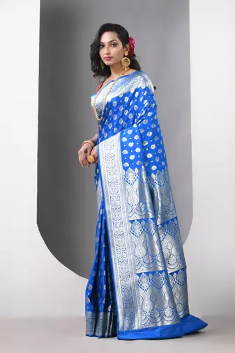 Sky blue katan silk blend banarasi saree with zari woven ethnic designs