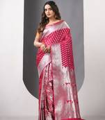Pink katan silk blend patli pallu banarasi saree with zari woven ethnic designs
