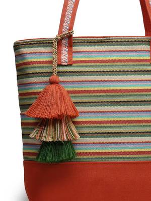 eco- friendly rust & multi striped jacquard cotton canvas tote bag 7