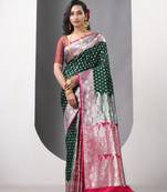 Bottle green katan silk blend banarasi patli pallu saree with zari woven ethnic designs