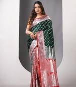 Bottle green katan silk blend banarasi patli pallu saree with zari woven ethnic designs