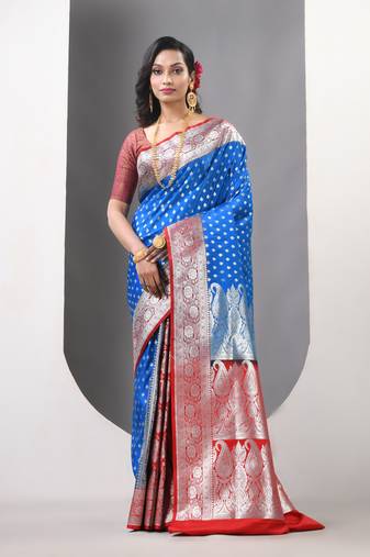 Sky blue and red katan silk blend patli pallu banarasi saree with zari woven ethnic designs