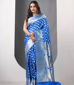 Sky blue katan silk blend banarasi saree with zari woven ethnic designs