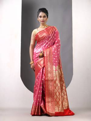 Pink satin silk blend emboss banarasi saree with zari woven ethnic motifs 1