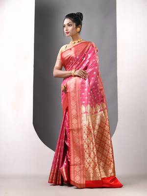Pink satin silk blend emboss banarasi saree with zari woven ethnic motifs 2