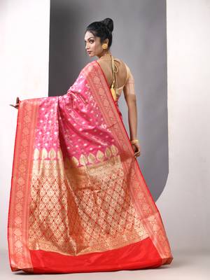 Pink satin silk blend emboss banarasi saree with zari woven ethnic motifs 3