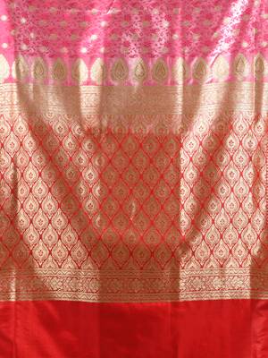 Pink satin silk blend emboss banarasi saree with zari woven ethnic motifs 4