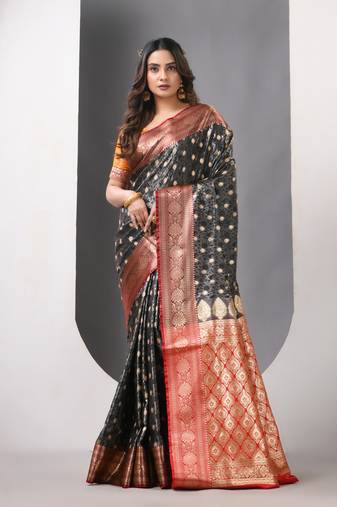 Charcoal satin silk blend emboss banarasi saree with zari woven ethnic motifs