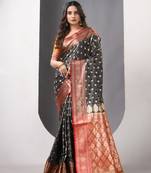 Charcoal satin silk blend emboss banarasi saree with zari woven ethnic motifs