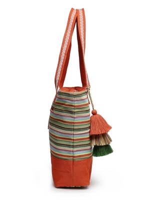 eco- friendly rust & multi striped jacquard cotton canvas tote bag 9