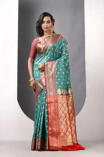 Teal satin silk blend emboss banarasi saree with zari woven ethnic motifs