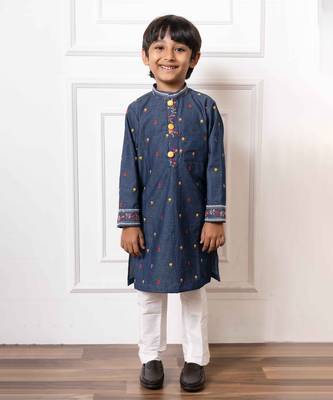 Stylish denim blue embroidered kurta with white pants 1