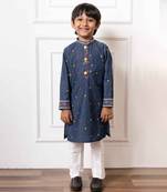 Stylish denim blue embroidered kurta with white pants