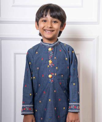 Stylish denim blue embroidered kurta with white pants 2