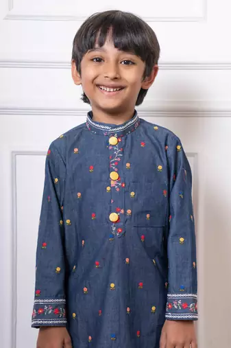 Stylish denim blue embroidered kurta with white pants
