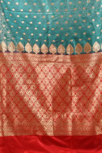 Teal satin silk blend emboss banarasi saree with zari woven ethnic motifs