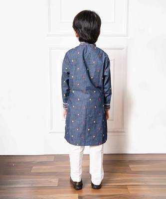 Stylish denim blue embroidered kurta with white pants 3