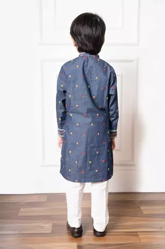 Stylish denim blue embroidered kurta with white pants