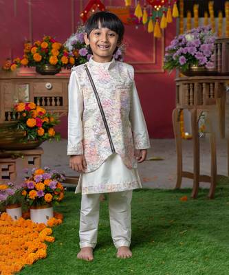 Elegant cream silk kurta with multi-colored textured nehru jacket and matching pants 1