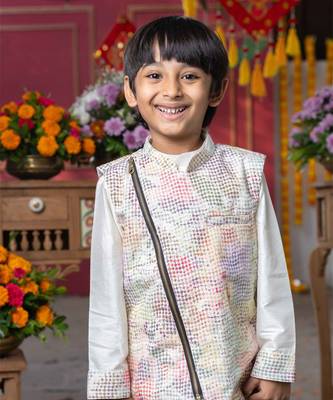 Elegant cream silk kurta with multi-colored textured nehru jacket and matching pants 2