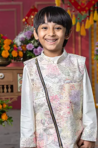 Elegant cream silk kurta with multi-colored textured nehru jacket and matching pants