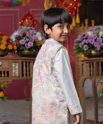 Elegant cream silk kurta with multi-colored textured nehru jacket and matching pants 3