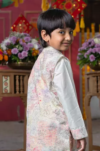 Elegant cream silk kurta with multi-colored textured nehru jacket and matching pants