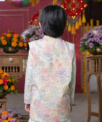 Elegant cream silk kurta with multi-colored textured nehru jacket and matching pants 4