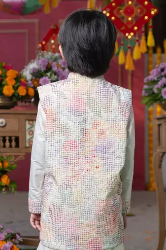 Elegant cream silk kurta with multi-colored textured nehru jacket and matching pants