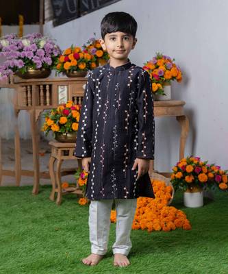 Black embroidered silk kurta with multicolored floral detailing and white pants 1