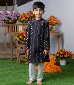 Black embroidered silk kurta with multicolored floral detailing and white pants