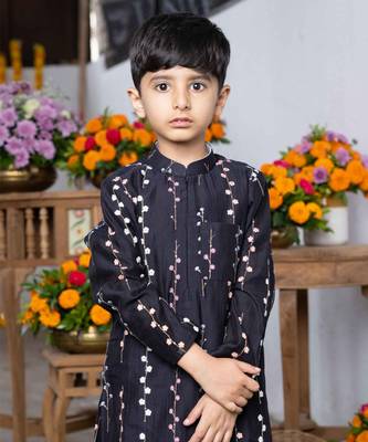 Black embroidered silk kurta with multicolored floral detailing and white pants 2