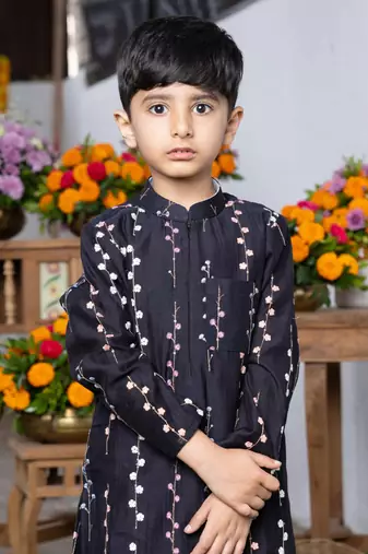Black embroidered silk kurta with multicolored floral detailing and white pants