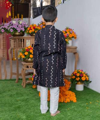 Black embroidered silk kurta with multicolored floral detailing and white pants 3