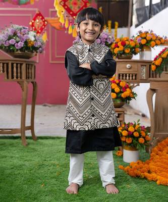 Black silk kurta with embroidered nehru jacket and white pants 1