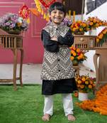 Black silk kurta with embroidered nehru jacket and white pants