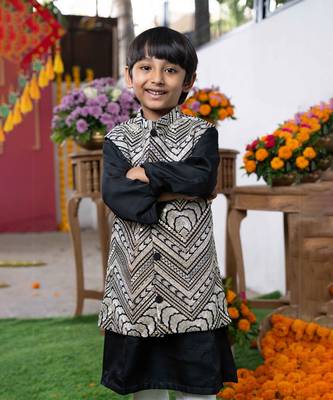 Black silk kurta with embroidered nehru jacket and white pants 2