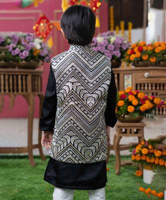 Black silk kurta with embroidered nehru jacket and white pants 3