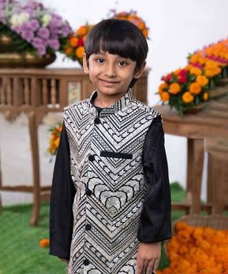 Black silk kurta with embroidered nehru jacket and white pants 4