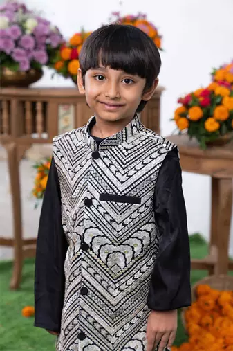 Black silk kurta with embroidered nehru jacket and white pants