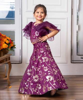 Elegant purple embroidered lehenga set with ruffled sleeves 1