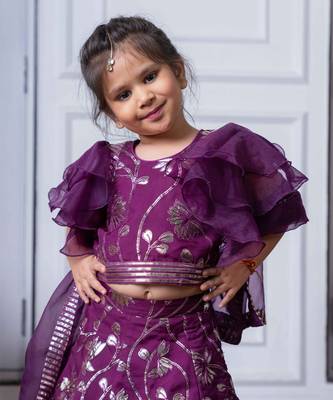 Elegant purple embroidered lehenga set with ruffled sleeves 2