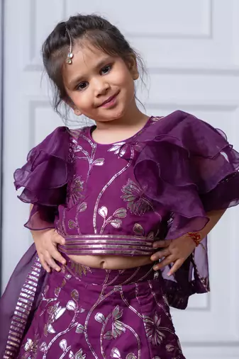 Elegant purple embroidered lehenga set with ruffled sleeves