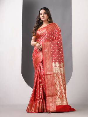 Red satin silk blend emboss banarasi saree with zari woven ethnic motifs 1